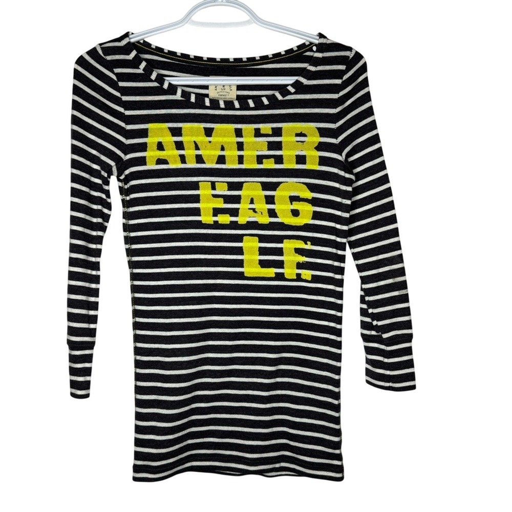 American Eagle Womens Y2K Stripe Logo‎ Tee Fitted 3/4 Sleeve Preppy Schoolgirl